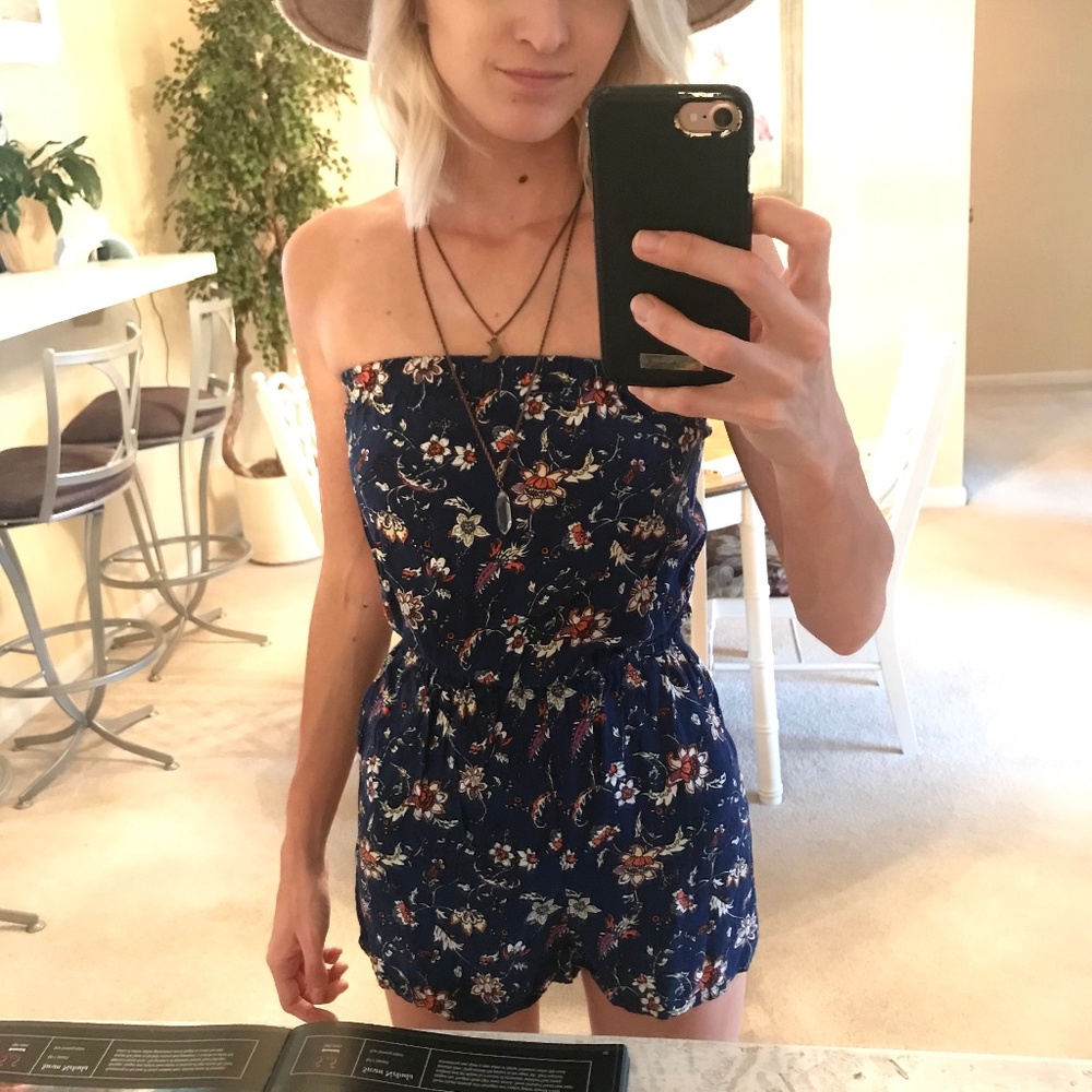 DIVIDED Strapless Romper - Blue Floral Print